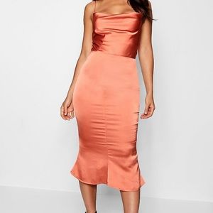 Orange satin lace up fish tail midi dress